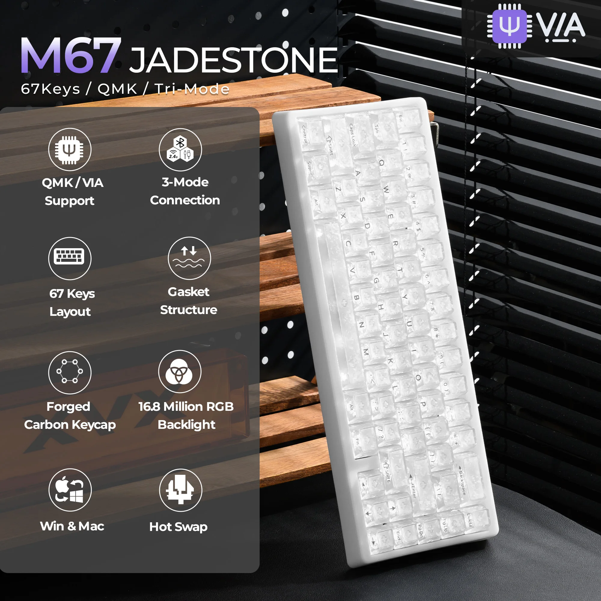 XVX M67 JadeStone Forged Carbon VIA Tri-Mode Wireless Mechanical Keyboard with Transparent Keycaps
XVX M67 JadeStone Forged Carbon VIA Tri-Mode Wireless Mechanical Keyboard with Transparent Keycaps