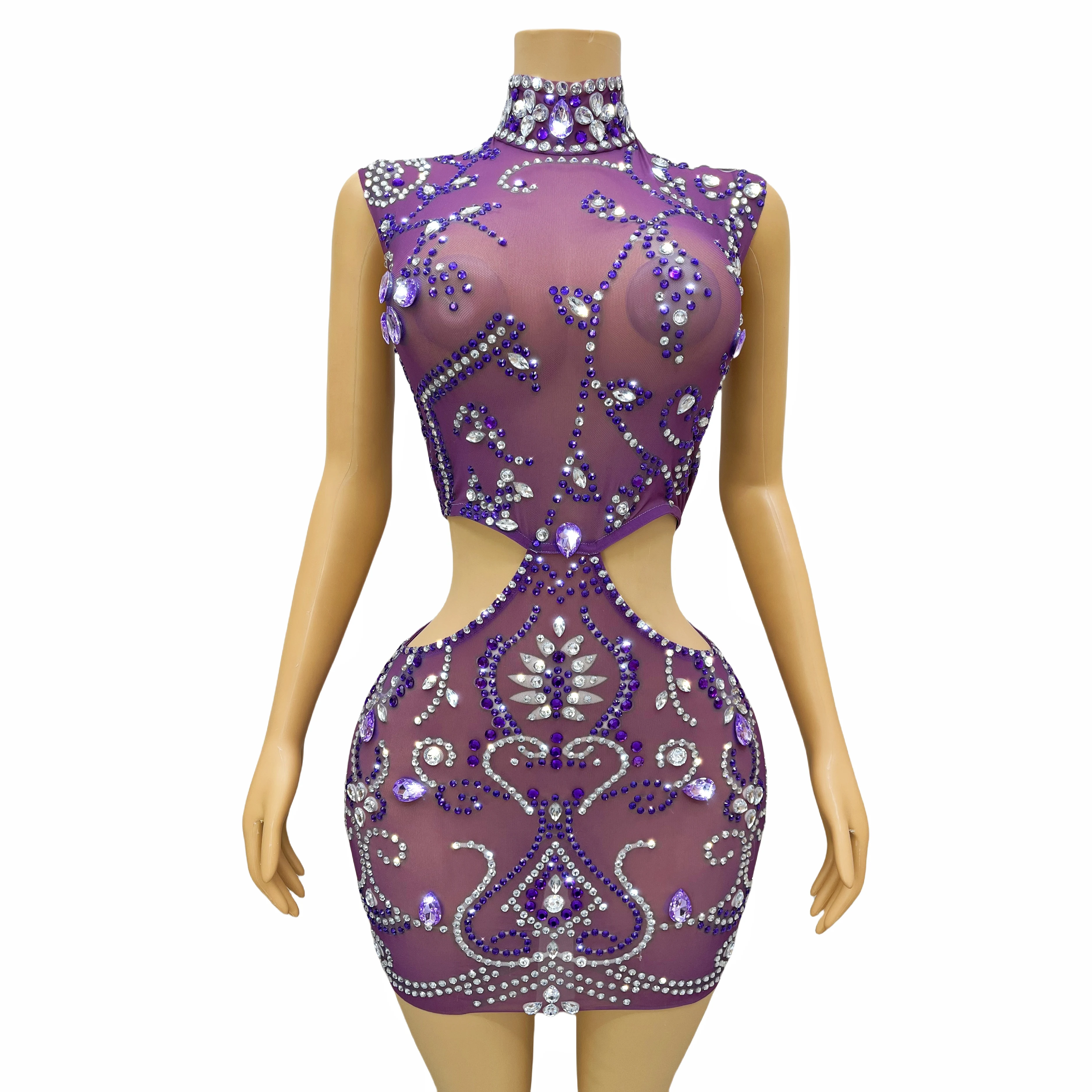 Sexy Transparent Mesh Sparkly Rhinestones Hollow waist Purple Dress Women Party Show Outfit Singer Perform Costume Ziluocha
Sexy Transparent Mesh Sparkly Rhinestones Hollow waist Purple Dress Women Party Show Outfit Singer Perform Costume Ziluocha