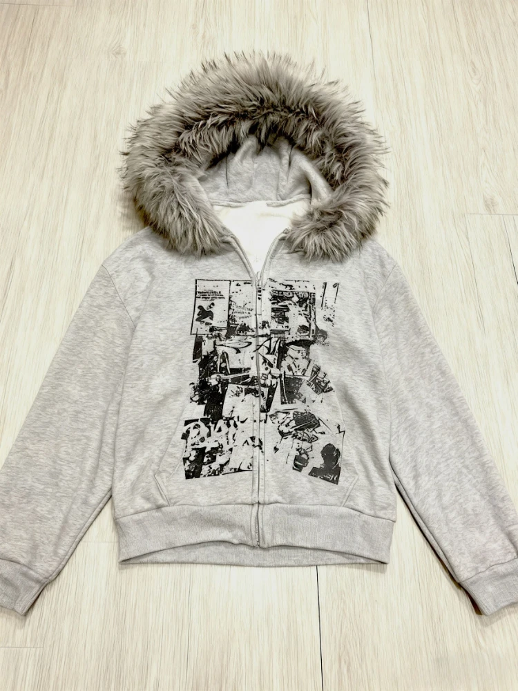 Subculture Faux Coats Женская куртка с рисунком и флисовой меховой толстовкой с капюшоном, острый американский ретро-уличный стиль и модный топ Y2K 
Subculture Faux Coats Женская куртка с рисунком и флисовой меховой толстовкой с капюшоном, острый американский ретро-уличный стиль и модный топ Y2K