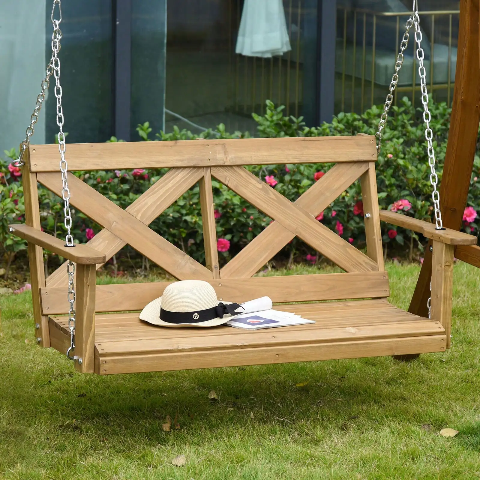 2-Seat Outdoor Swinging Patio Bench w/ Rustic Farmhouse X Shaped Design, Natural
2-Seat Outdoor Swinging Patio Bench w/ Rustic Farmhouse X Shaped Design, Natural