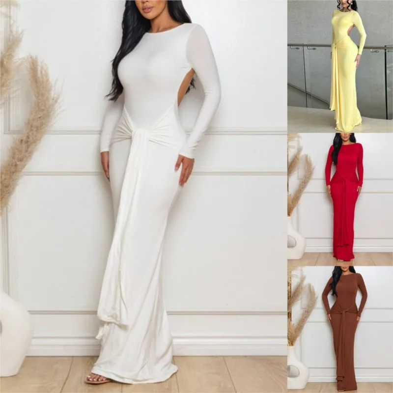 Autumn New Dress For Women Solid Color Long-sleeved Waistless Backless Lace-up O-neck Slim Fashion Vestidos De Fiesta Elegantes
Autumn New Dress For Women Solid Color Long-sleeved Waistless Backless Lace-up O-neck Slim Fashion Vestidos De Fiesta Elegantes
