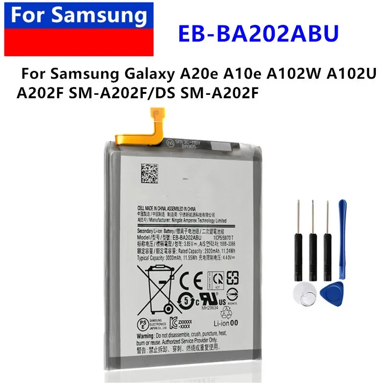 3000mAh Battery EB-BA202ABU For Galaxy A20e A10e A102W A102U A202F SM-A202F/DS SM-A202F Batteries Tools
3000mAh Battery EB-BA202ABU For Galaxy A20e A10e A102W A102U A202F SM-A202F/DS SM-A202F Batteries Tools