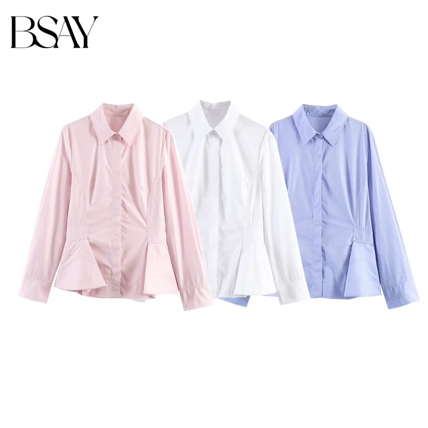 BSAY 2026 Весенняя новинка: женская блузка из поплина с плиссированным подолом, приталенная, с белым воротником и длинными рукавами, шикарный топ для женщин
BSAY 2026 Весенняя новинка: женская блузка из поплина с плиссированным подолом, приталенная, с белым воротником и длинными рукавами, шикарный топ для женщин