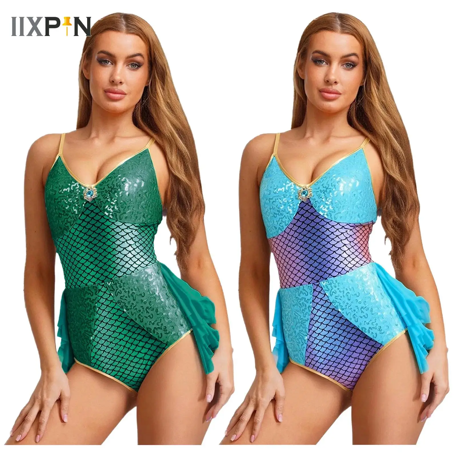 Adults Women Mermaid Princess Costume Sequins Metallic Glossy Fish Scale Ruffle Mesh Jumpsuit for Halloween Christmas Cosplay
Adults Women Mermaid Princess Costume Sequins Metallic Glossy Fish Scale Ruffle Mesh Jumpsuit for Halloween Christmas Cosplay