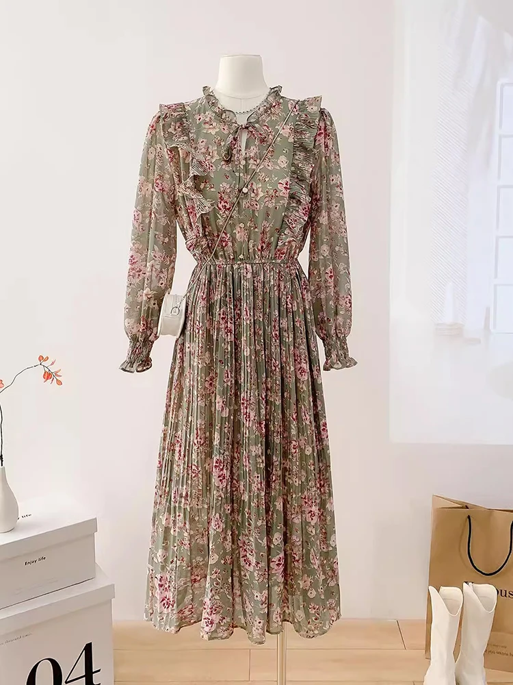 2025 New Women Spring Print Dresses Long Sleeve Chiffon Pleated Dress Casual Ruffle Flare Sleeve Long Dress Vintage Vestidos 
2025 New Women Spring Print Dresses Long Sleeve Chiffon Pleated Dress Casual Ruffle Flare Sleeve Long Dress Vintage Vestidos