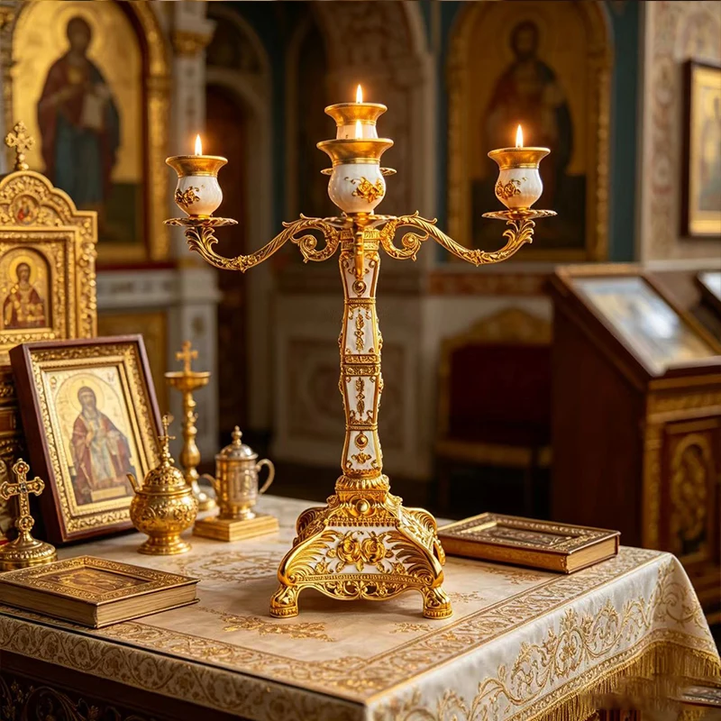 MGold Plated 5-Arm Candelabra with White Enamel and Floral Relief for Orthodox Church Altar Vigil Lamps and Prayer Ceremonies
MGold Plated 5-Arm Candelabra with White Enamel and Floral Relief for Orthodox Church Altar Vigil Lamps and Prayer Ceremonies