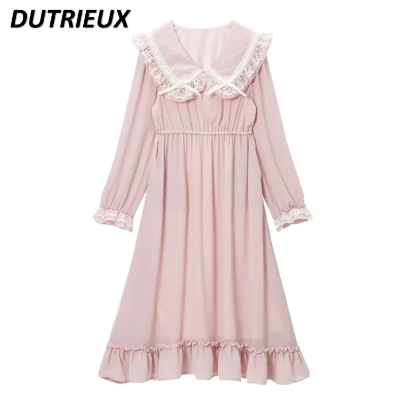 Customized Japanese Sweet Lady Lace Doll Collar Long Sleeve High Waist Chiffon Long Dress Spring Autumn New Solid Color Dress
Customized Japanese Sweet Lady Lace Doll Collar Long Sleeve High Waist Chiffon Long Dress Spring Autumn New Solid Color Dress