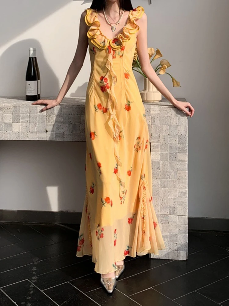 Women's retro elegant and fashionable high-end sexy yellow rose edge V-neck waist cinched floral dress with fish tail long skirt
Women's retro elegant and fashionable high-end sexy yellow rose edge V-neck waist cinched floral dress with fish tail long skirt