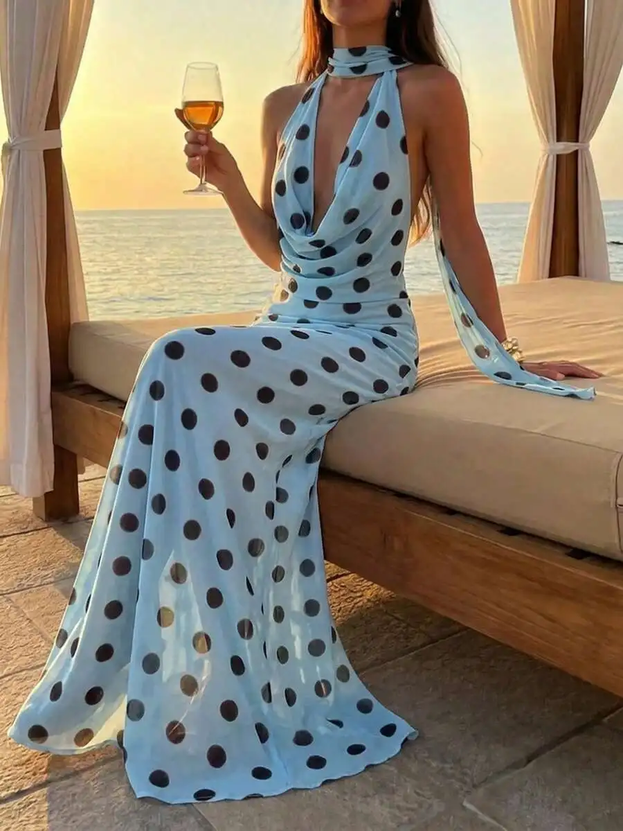 Womens Sky Blue Polka Dot Halter Neck Flowy Maxi Dress
Womens Sky Blue Polka Dot Halter Neck Flowy Maxi Dress