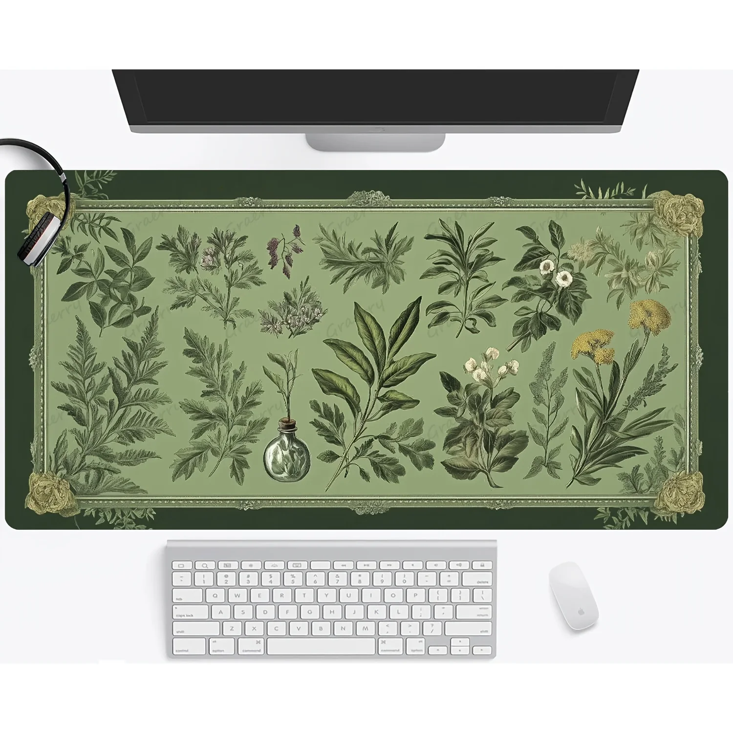 Green plant and floral retro large mouse pad sewn edge computer desktop accessory anti-slip rubber base for office and home use
Green plant and floral retro large mouse pad sewn edge computer desktop accessory anti-slip rubber base for office and home use