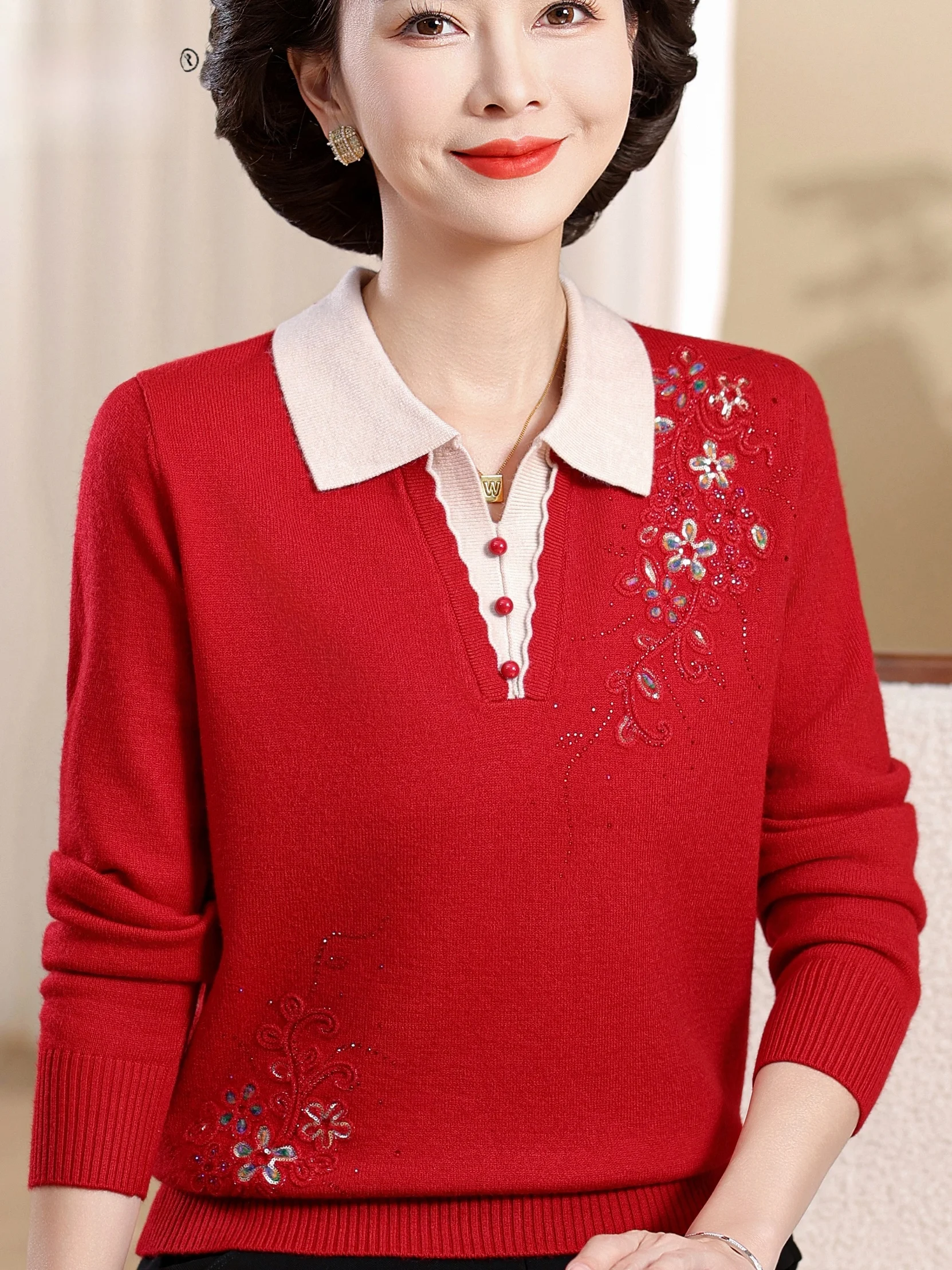 Faionable Autumn Winter Knitwear Collar Embroidered Base irt Women's Mid-aged Mommy Clothes Elely Designed Top
Faionable Autumn Winter Knitwear Collar Embroidered Base irt Women's Mid-aged Mommy Clothes Elely Designed Top