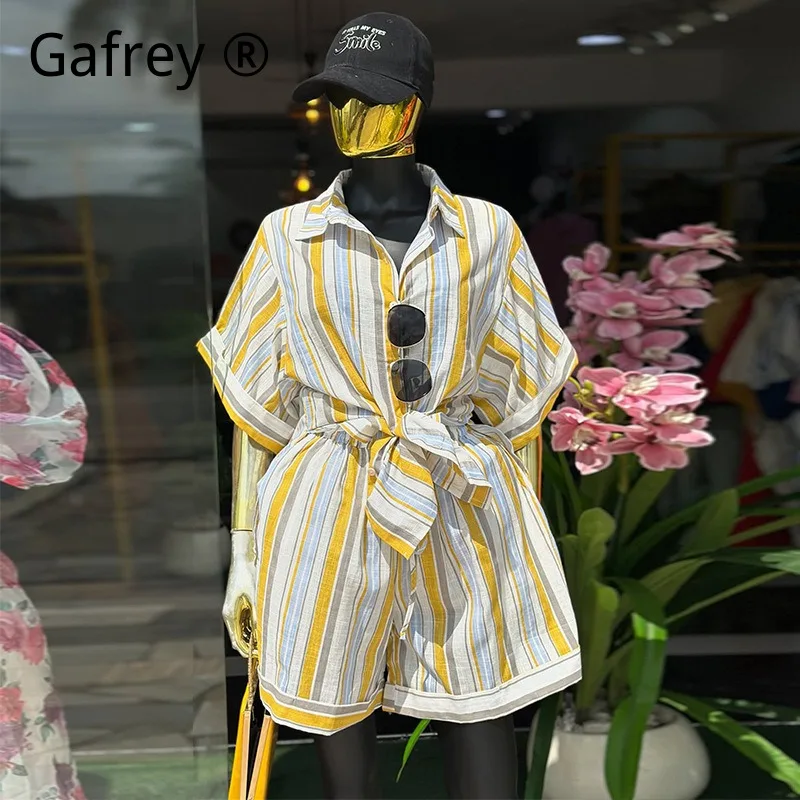 2026 Women Sweet Fresh Striped Collared Short Sleeve Shirt High Waist Straight Leg Shorts Set Summer Casual Two Piece Outfit
2026 Women Sweet Fresh Striped Collared Short Sleeve Shirt High Waist Straight Leg Shorts Set Summer Casual Two Piece Outfit
