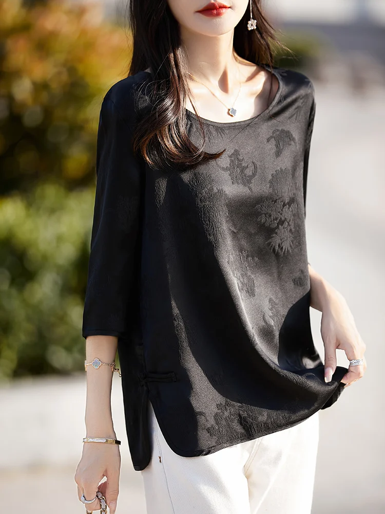 New Chinese Style Silk Shirt round Neck Loose Fit Short Sleeve Draping Sensation Women's Top Satin Texture Traditional Mulber...
New Chinese Style Silk Shirt round Neck Loose Fit Short Sleeve Draping Sensation Women's Top Satin Texture Traditional Mulber...