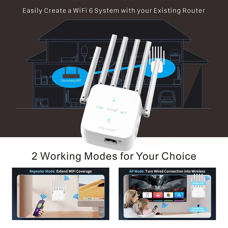 PIX-LINK WiFi6 1800Mbps Dual Band Repeater AP WAN/LAN Port Extend WiFi Signal Eliminate Indoor Dead Zones Penetration LV-AX25
PIX-LINK WiFi6 1800Mbps Dual Band Repeater AP WAN/LAN Port Extend WiFi Signal Eliminate Indoor Dead Zones Penetration LV-AX25