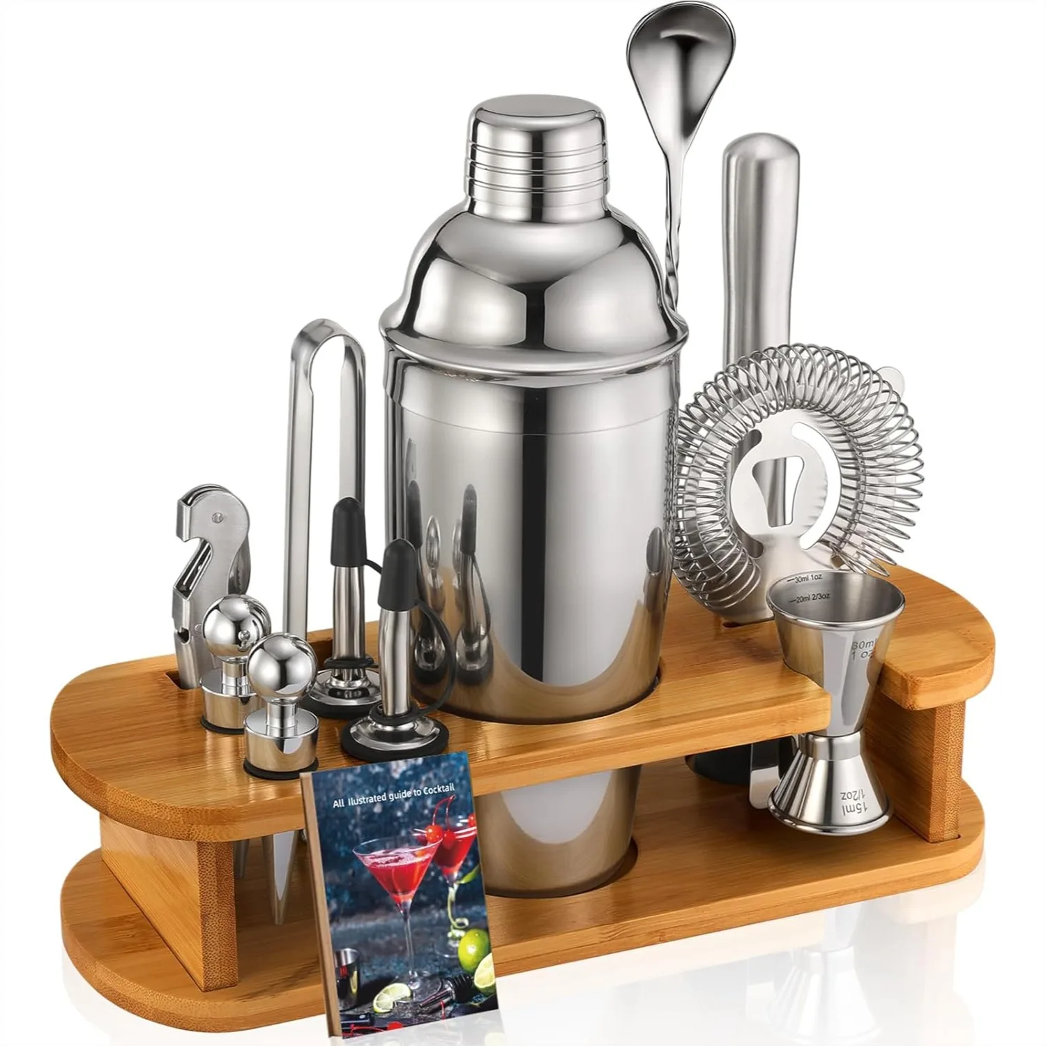 13-Piece Cocktail Shaker Set With Bamboo Stand, 25oz Martini Shaker And Bar Tools Kit For Home Mixology, Bartender Accessories With Jigger, Strainer, Spoon, Recipe Book
13-Piece Cocktail Shaker Set With Bamboo Stand, 25oz Martini Shaker And Bar Tools Kit For Home Mixology, Bartender Accessories With Jigger, Strainer, Spoon, Recipe Book