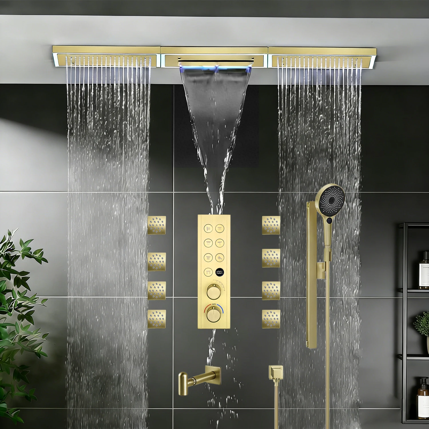 Qlonn Luxuriou Shower Set LED Lighting Rain/Waterfall Shower Head Bathroom Thermostat Diverter Powerful 2 Functions Body Jet
Qlonn Luxuriou Shower Set LED Lighting Rain/Waterfall Shower Head Bathroom Thermostat Diverter Powerful 2 Functions Body Jet