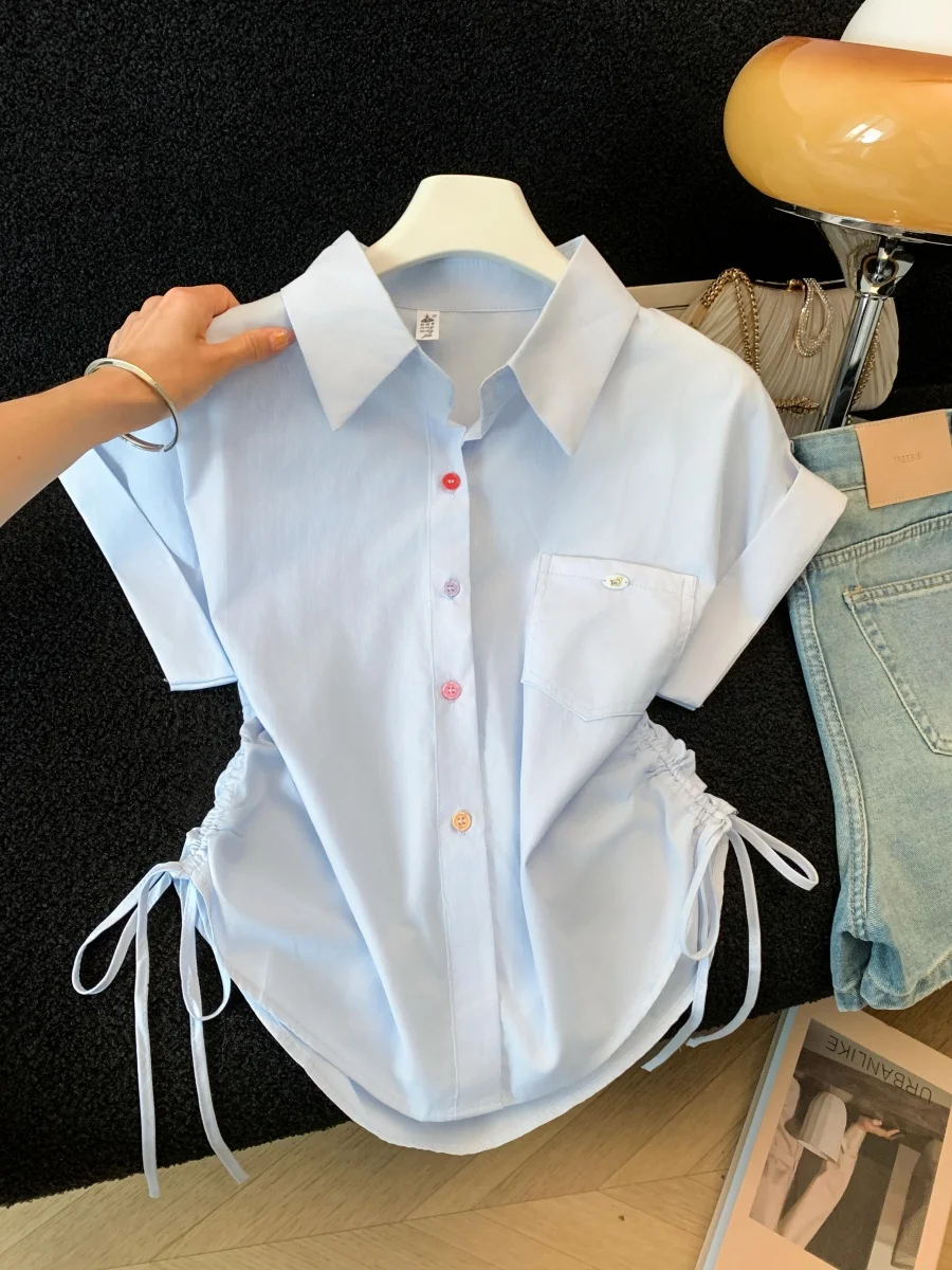 Blue Neck Short Sleeve Shirt Women's Summer 2026 New Drawstring Waist Slimming Commute Personality Top Korean Style
Blue Neck Short Sleeve Shirt Women's Summer 2026 New Drawstring Waist Slimming Commute Personality Top Korean Style