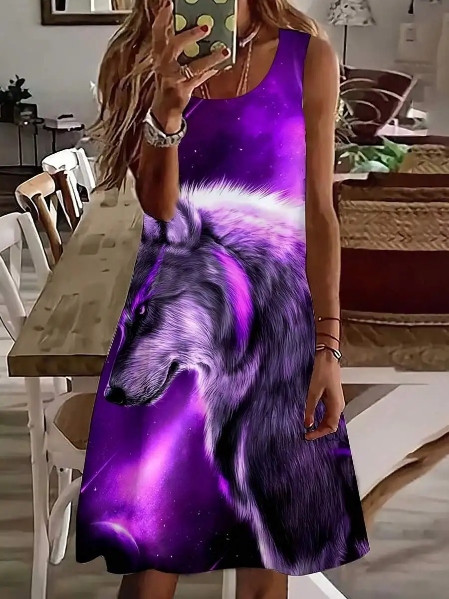 Women Sleeveless Dress Wolf Print Purple Galaxy Pattern Casual Summer Dress
Women Sleeveless Dress Wolf Print Purple Galaxy Pattern Casual Summer Dress