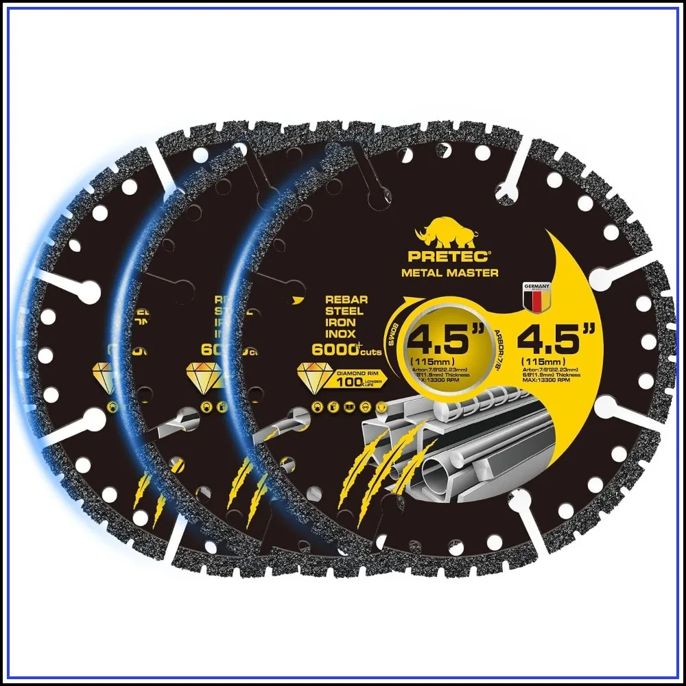 4.5" Diamond Cutting Wheel 7/8" Arbor, 6000+ Cuts on Metal, Steel, Rebar, Iron & INOX - 3 Pack
4.5" Diamond Cutting Wheel 7/8" Arbor, 6000+ Cuts on Metal, Steel, Rebar, Iron & INOX - 3 Pack