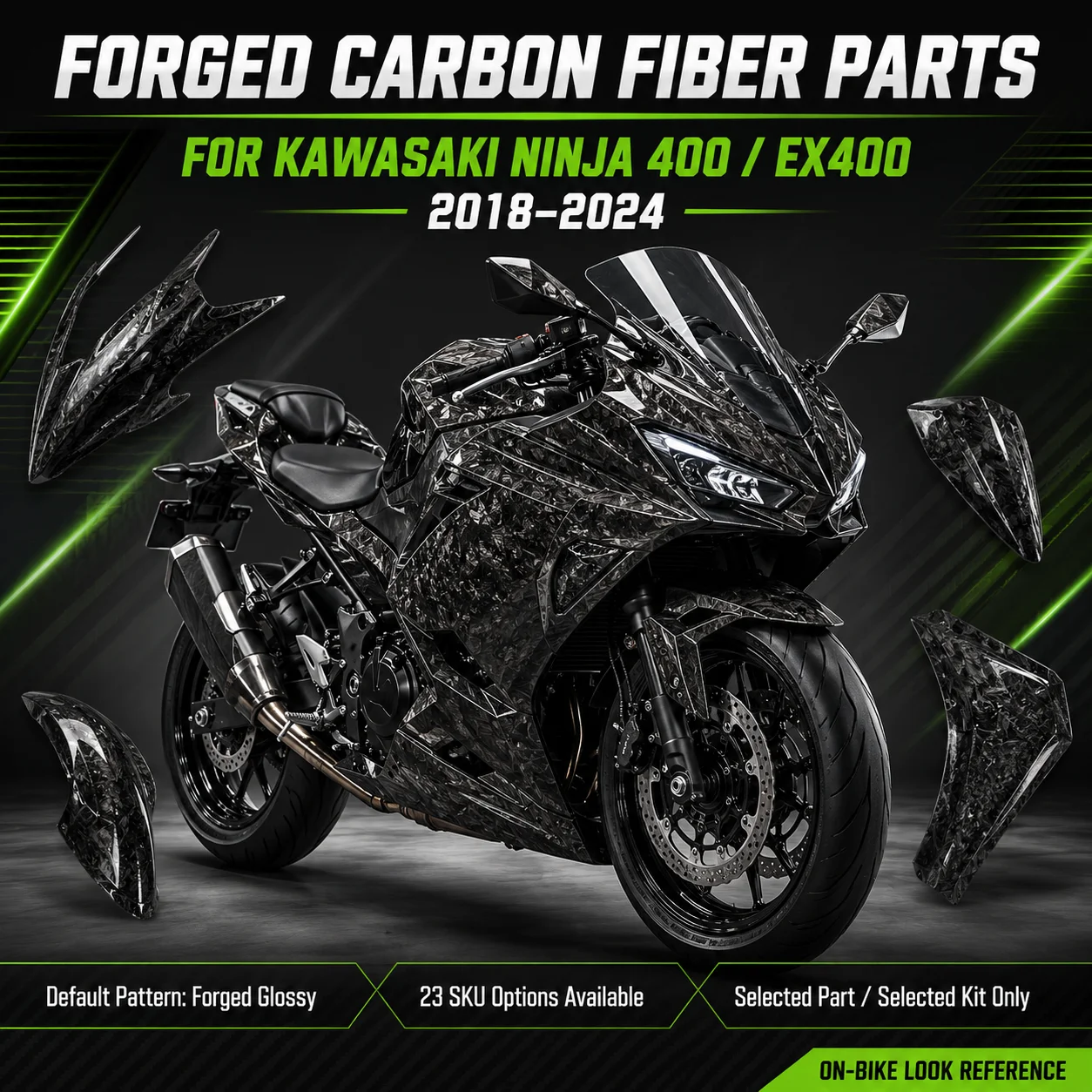 Forged Carbon Fiber Body Kit Fairing Covers Parts for Kawasaki Ninja 400 Ninja400 EX400 2018-2024 Motorcycle Accessories
Forged Carbon Fiber Body Kit Fairing Covers Parts for Kawasaki Ninja 400 Ninja400 EX400 2018-2024 Motorcycle Accessories