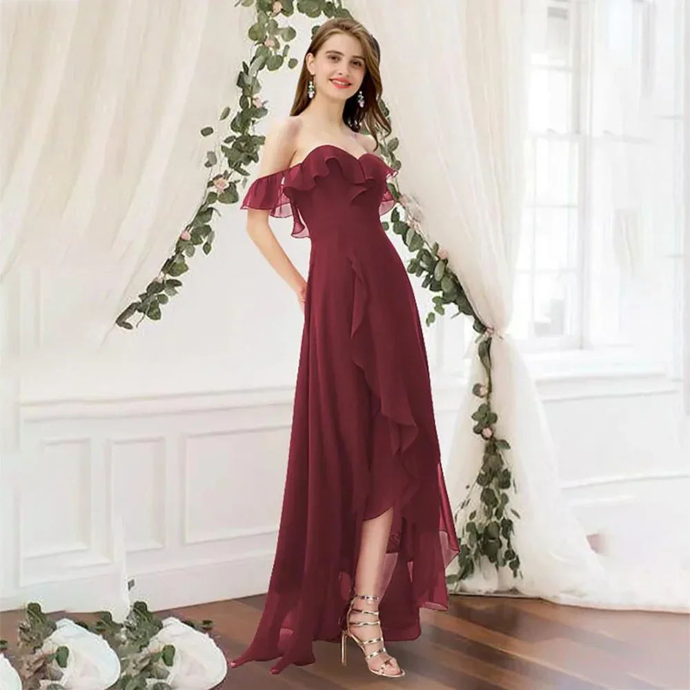 Customized Off Shoulder Sleeveless Bridesmaid Dress Elegant Floor Length Chiffon High Low Wedding Party Gowns for Women
Customized Off Shoulder Sleeveless Bridesmaid Dress Elegant Floor Length Chiffon High Low Wedding Party Gowns for Women