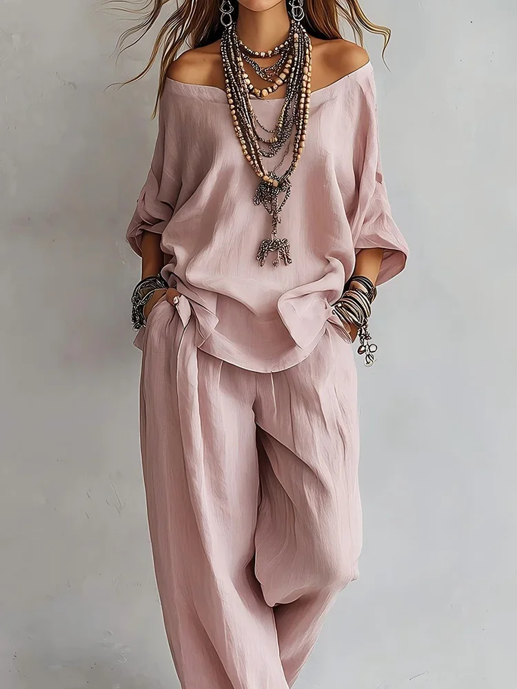 New Women Solid Wide Leg Pants Two Piece Sets Slash Neck Three Quarter Sleeve Pullover Top Loose Outfit Streetwear Spring Summer
New Women Solid Wide Leg Pants Two Piece Sets Slash Neck Three Quarter Sleeve Pullover Top Loose Outfit Streetwear Spring Summer