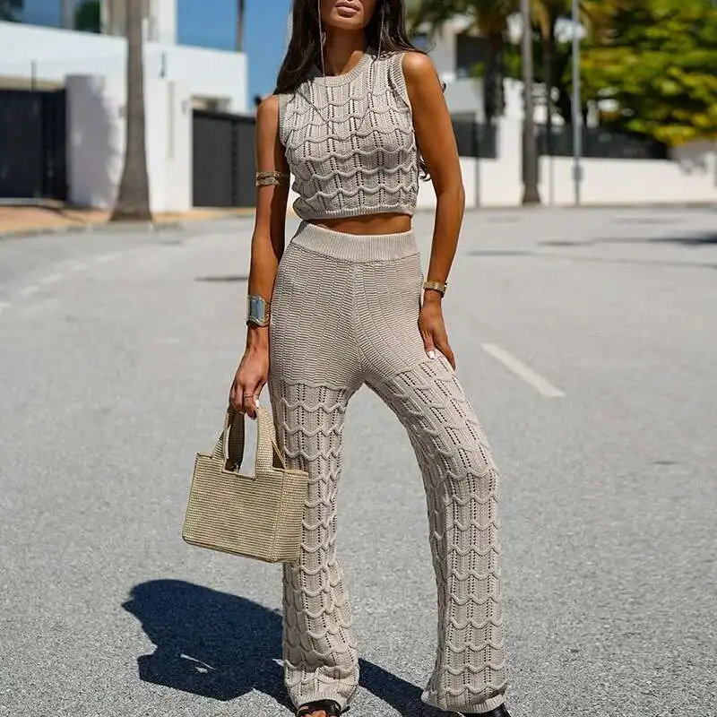 Casual Lady O Neck Sleeveless Top And Long Pants Suit Beach Hollow Out Straight Outfit Summer New Knitted Slim Women's Two Piece
Casual Lady O Neck Sleeveless Top And Long Pants Suit Beach Hollow Out Straight Outfit Summer New Knitted Slim Women's Two Piece
