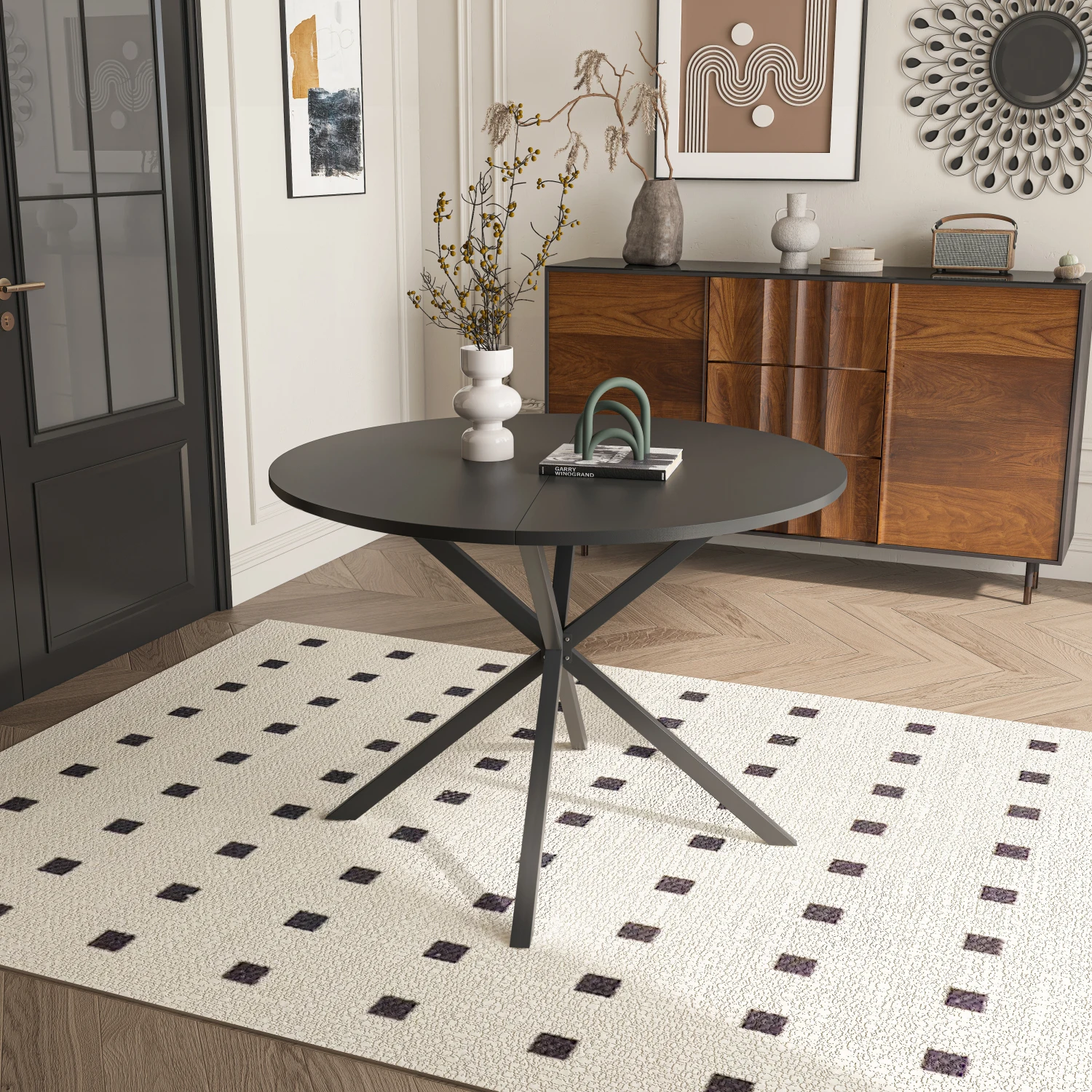 42.13" Modern Black Round Dining Table, Two Piece Removable Top, Matte Iron Legs
42.13" Modern Black Round Dining Table, Two Piece Removable Top, Matte Iron Legs