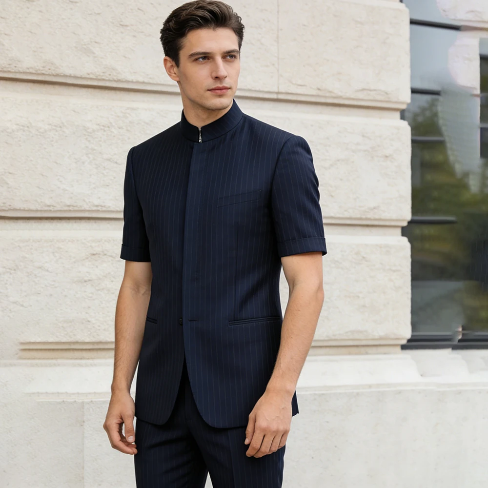 Smart Casual Men's Suits Stripe Short Sleeve Mandarin Collar Blazer Customized Summer Office 2 Piece Jacket Pants Outfits
Smart Casual Men's Suits Stripe Short Sleeve Mandarin Collar Blazer Customized Summer Office 2 Piece Jacket Pants Outfits