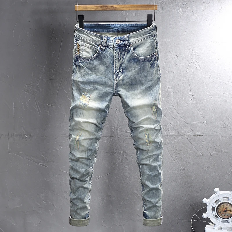 Italian street fashion men's jeans retro light blue elastic slim fit corrugated jeans men's patchwork designer embroidered hip-h
Italian street fashion men's jeans retro light blue elastic slim fit corrugated jeans men's patchwork designer embroidered hip-h