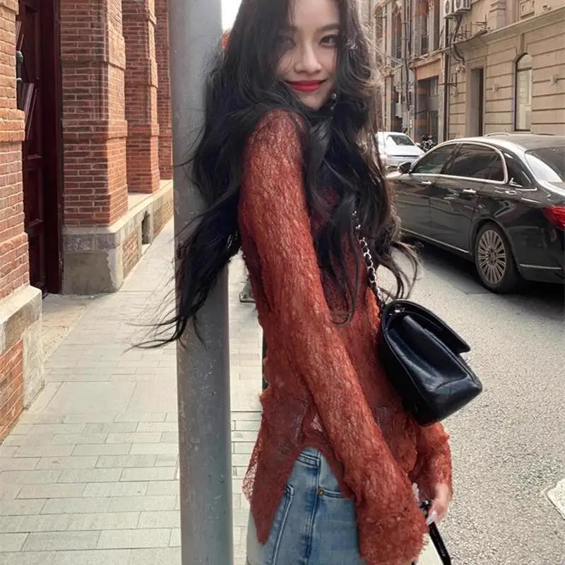 Sexy Hollow-Out Lace Sheer Long Sleeve T-Shirt Women Summer Slim Fit Round Neck Red Versatile Top female office lady clothing
Sexy Hollow-Out Lace Sheer Long Sleeve T-Shirt Women Summer Slim Fit Round Neck Red Versatile Top female office lady clothing