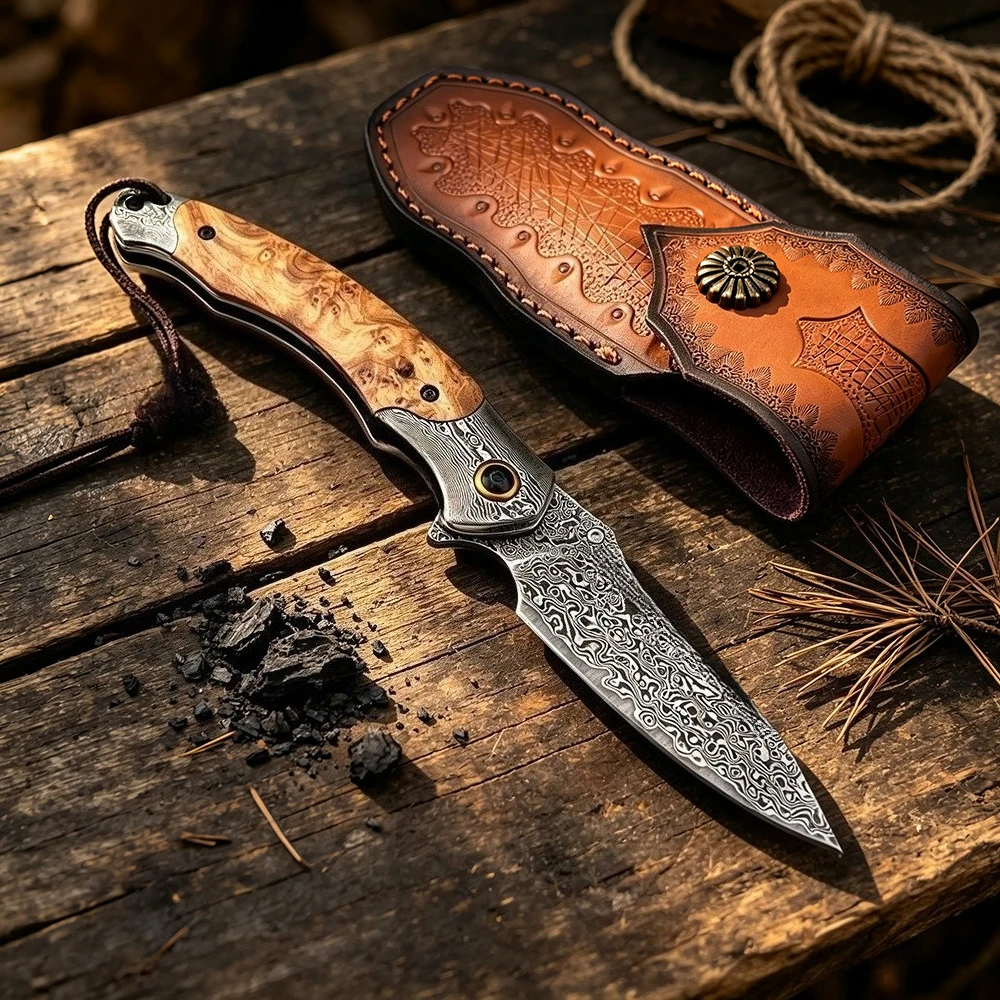Wilderness Adventure Forest Climbing Utility Folding Damascus Blade Knife with Sheath Portable Fruit Knife Camping Picnic Tool
Wilderness Adventure Forest Climbing Utility Folding Damascus Blade Knife with Sheath Portable Fruit Knife Camping Picnic Tool