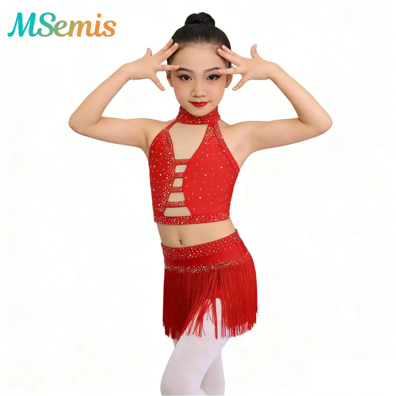 Kids Girls Halter Latin Dance Performance Costume Rhinestone Tassel Two-piece Halter Back Mesh Crop Top with Tassel Briefs Skirt
Kids Girls Halter Latin Dance Performance Costume Rhinestone Tassel Two-piece Halter Back Mesh Crop Top with Tassel Briefs Skirt