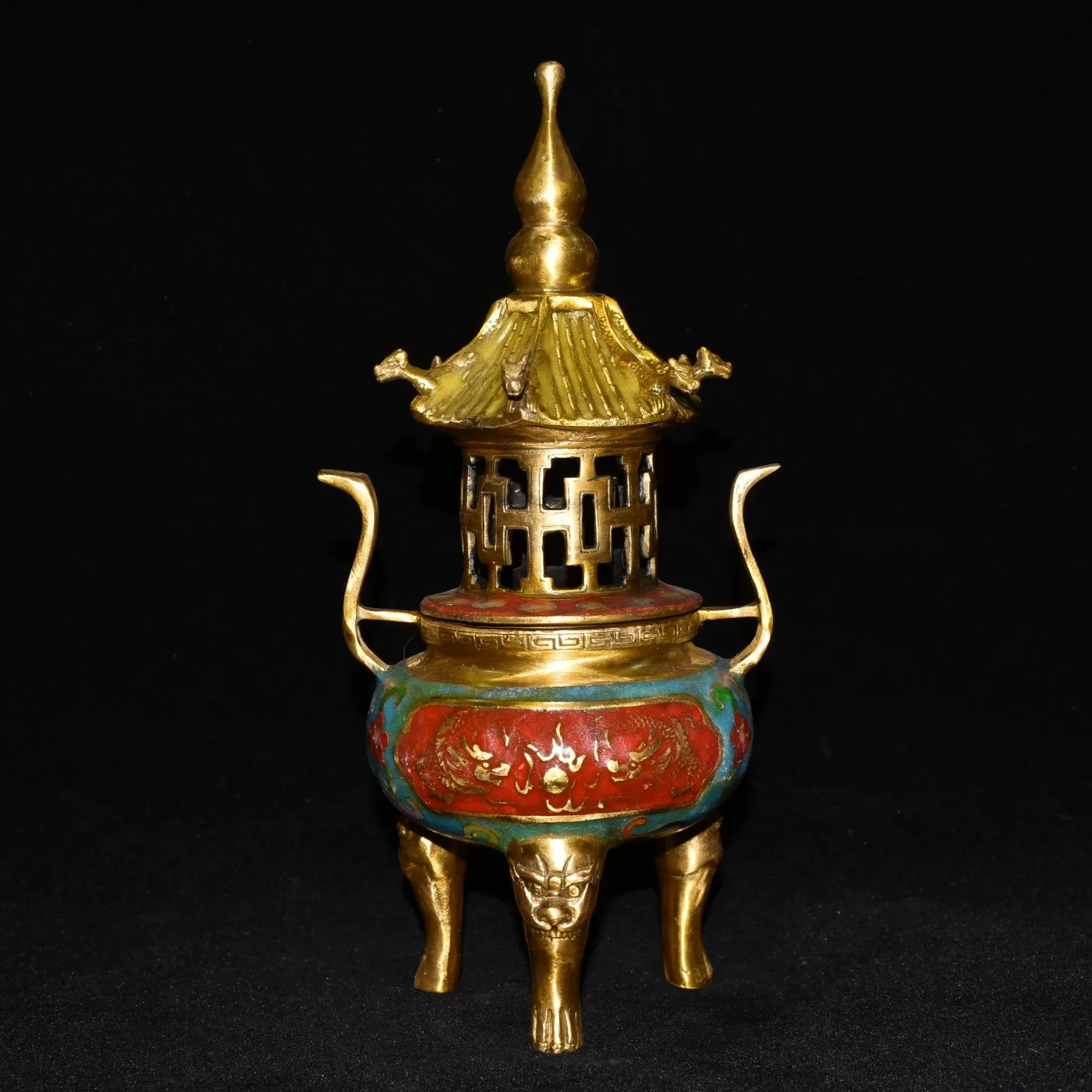 10"Tibetan Temple Collection Old Bronze Cloisonne Enamel Dragon Texture Buddha Pagoda Beast Head Three-leg incense burner
10"Tibetan Temple Collection Old Bronze Cloisonne Enamel Dragon Texture Buddha Pagoda Beast Head Three-leg incense burner