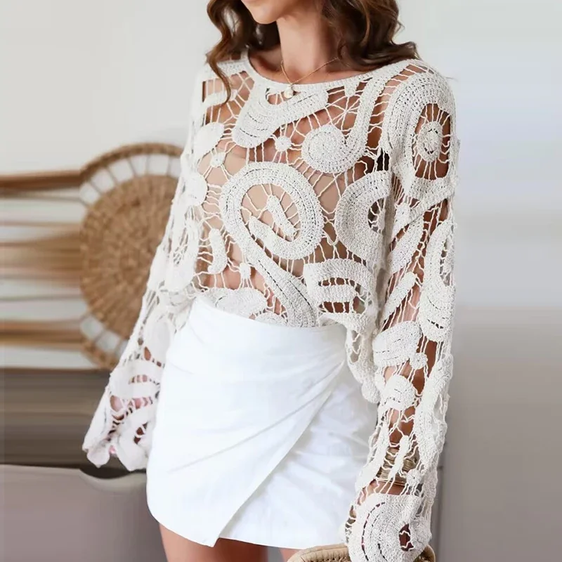 Summer Fashion Commute Loose Pullover Spring Elegant Hollow Out Knitted Blouses Women Casual Long Sleeve Solid Office Shirt
Summer Fashion Commute Loose Pullover Spring Elegant Hollow Out Knitted Blouses Women Casual Long Sleeve Solid Office Shirt