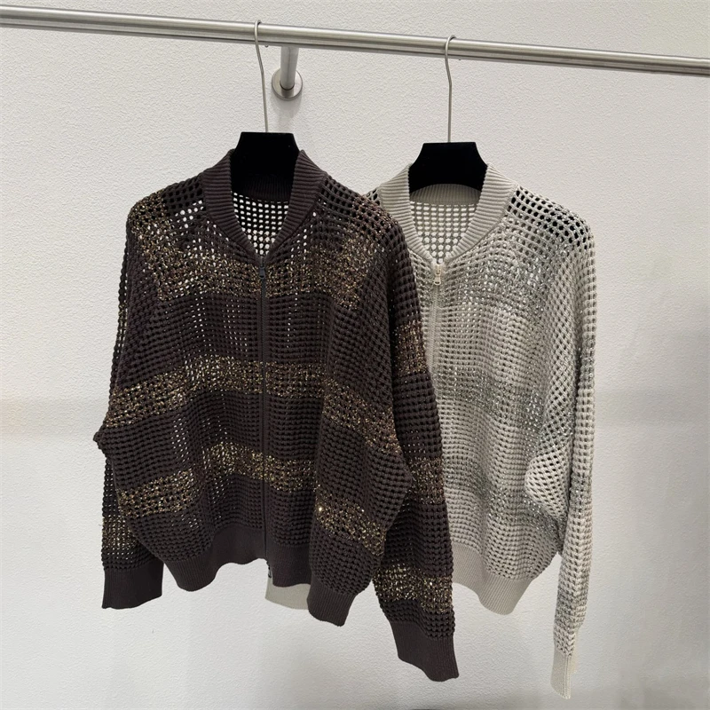 2026 High-Quality Spring/Summer New StandCollar Hollow-Out Sequin Striped Knit Cardigan Fashionable Casual Loose Baseball Jacket
2026 High-Quality Spring/Summer New StandCollar Hollow-Out Sequin Striped Knit Cardigan Fashionable Casual Loose Baseball Jacket
