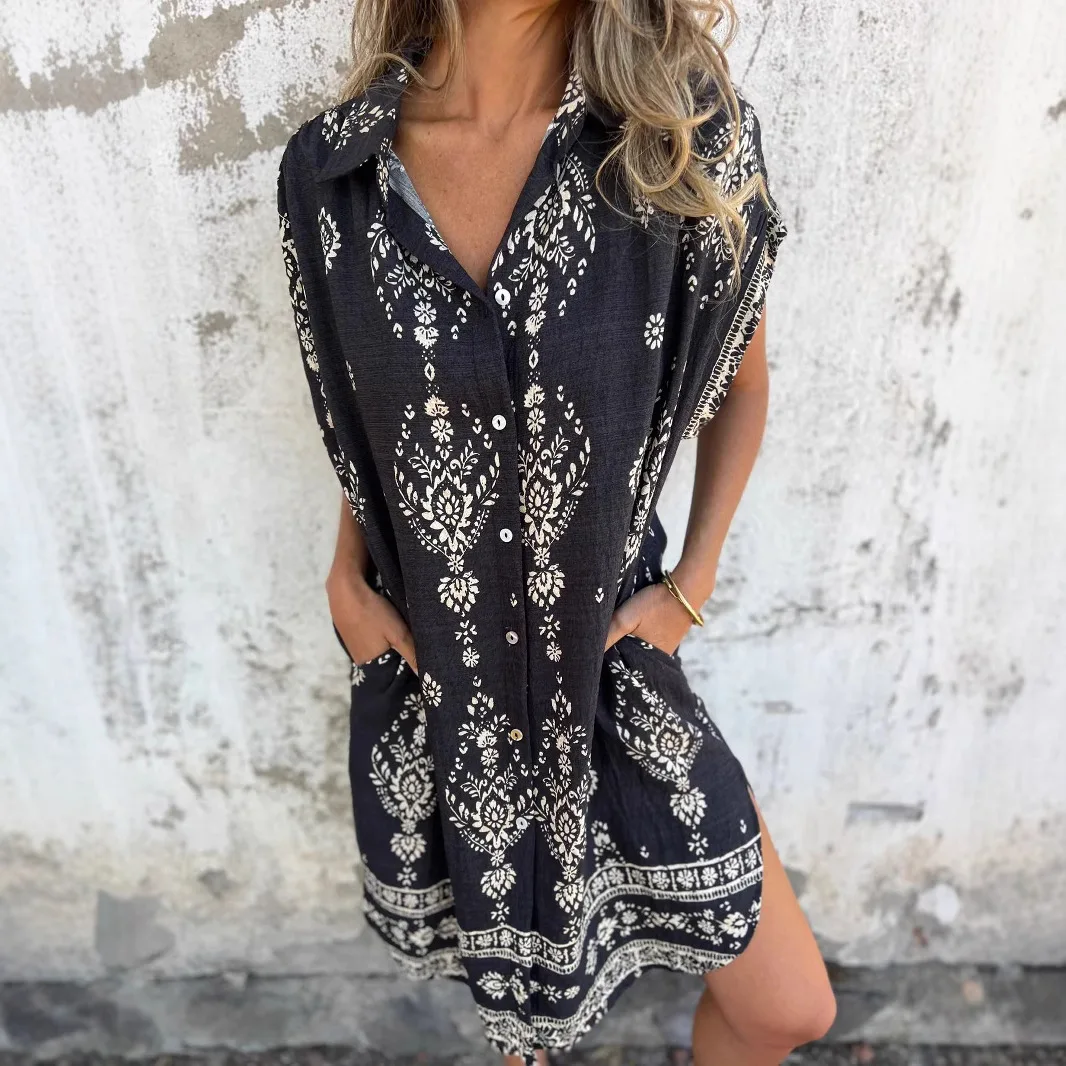 Summer Women's Loose Dress Short Sleeve Buttons Fashion Printed Pocket Casual Street Beach Shirt Midi Skirt
Summer Women's Loose Dress Short Sleeve Buttons Fashion Printed Pocket Casual Street Beach Shirt Midi Skirt
