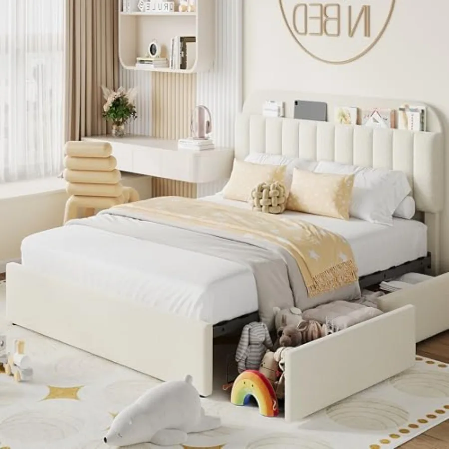 Bed Frame with 2 Flexible Drawers and Bookcase Headboard, Boucle Upholstered Platform Bed for Boys/Girls, Noise-Free, Easy Asse
Bed Frame with 2 Flexible Drawers and Bookcase Headboard, Boucle Upholstered Platform Bed for Boys/Girls, Noise-Free, Easy Asse