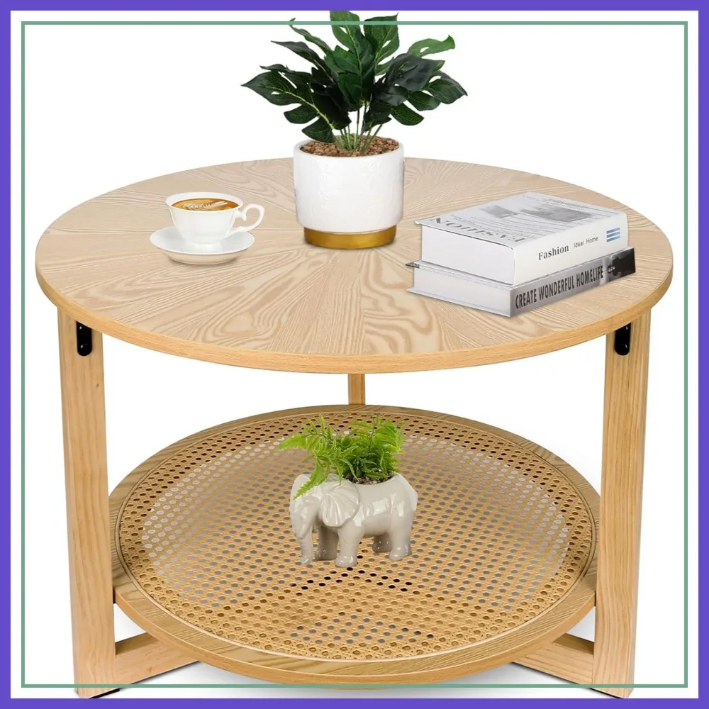 Round Coffee Table with Storage, 2-Tier Wood & Rattan Center Table for Living Room, Small Space
Round Coffee Table with Storage, 2-Tier Wood & Rattan Center Table for Living Room, Small Space