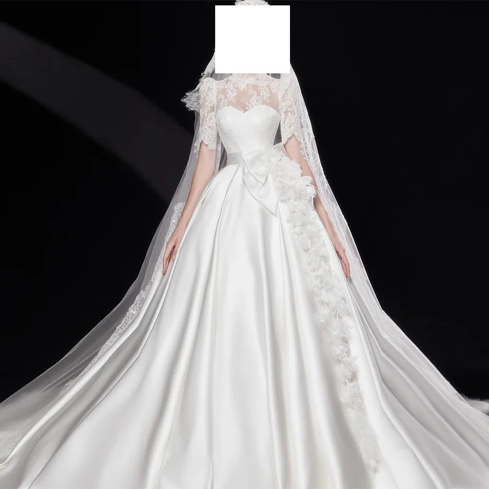 CustomizedHigh Collar Lace Short Sleeves Satin A-Line Floor Length Sweep Train Bow Appliques Exquisite Evening Dresses Woman Cus
CustomizedHigh Collar Lace Short Sleeves Satin A-Line Floor Length Sweep Train Bow Appliques Exquisite Evening Dresses Woman Cus