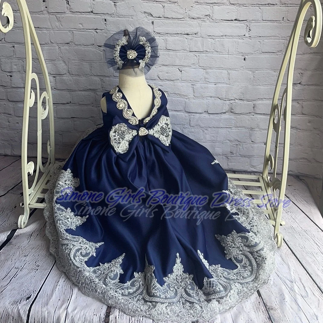 Кружевное шитье, темно-синее платье без рукавов с открытой спиной, юбка, платье с цветочным узором для девочек на день рождения, бальное платье, танцевальные представления, вечеринка