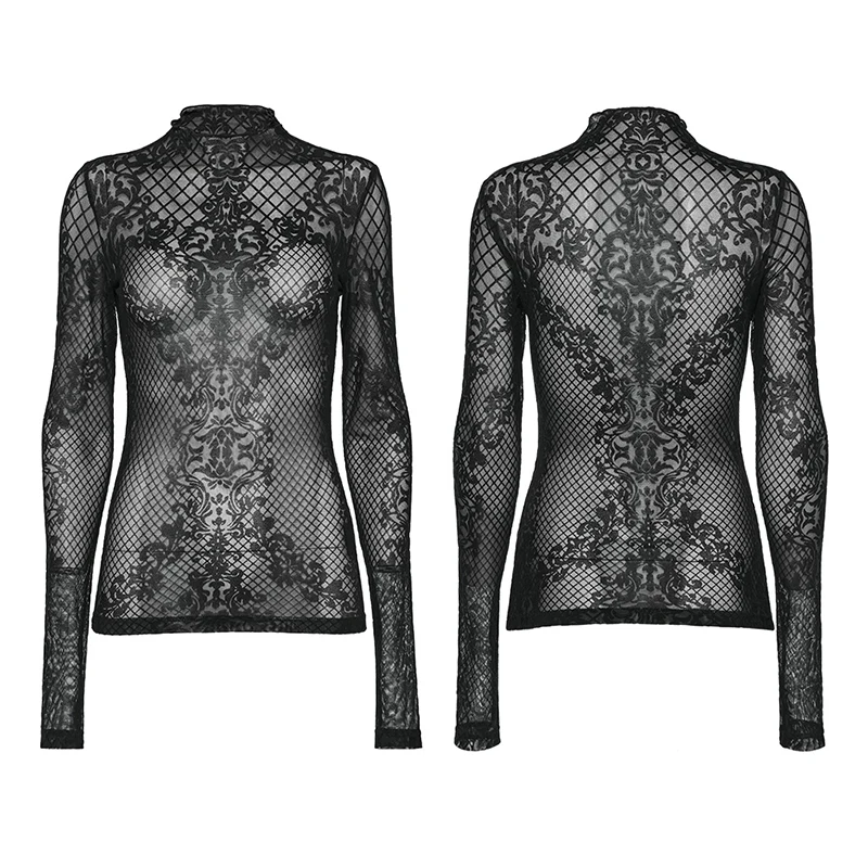 PUNK RAVE Women's Gothic Mesh T-shirt, Black Polyester Elastane Floral Print Sheer High Neck Top WT832
PUNK RAVE Women's Gothic Mesh T-shirt, Black Polyester Elastane Floral Print Sheer High Neck Top WT832