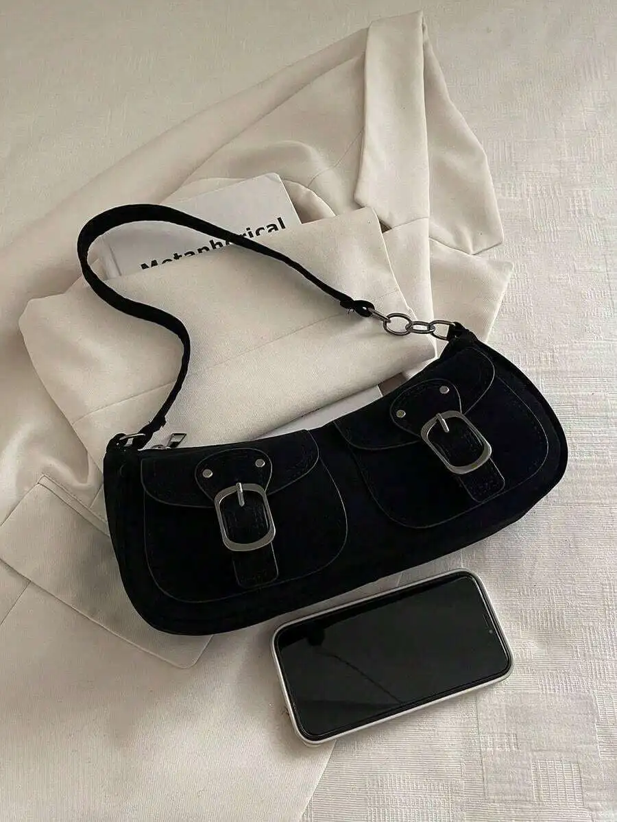 Black Faux Suede Double Flap Pocket Shoulder Bag For Women
Black Faux Suede Double Flap Pocket Shoulder Bag For Women