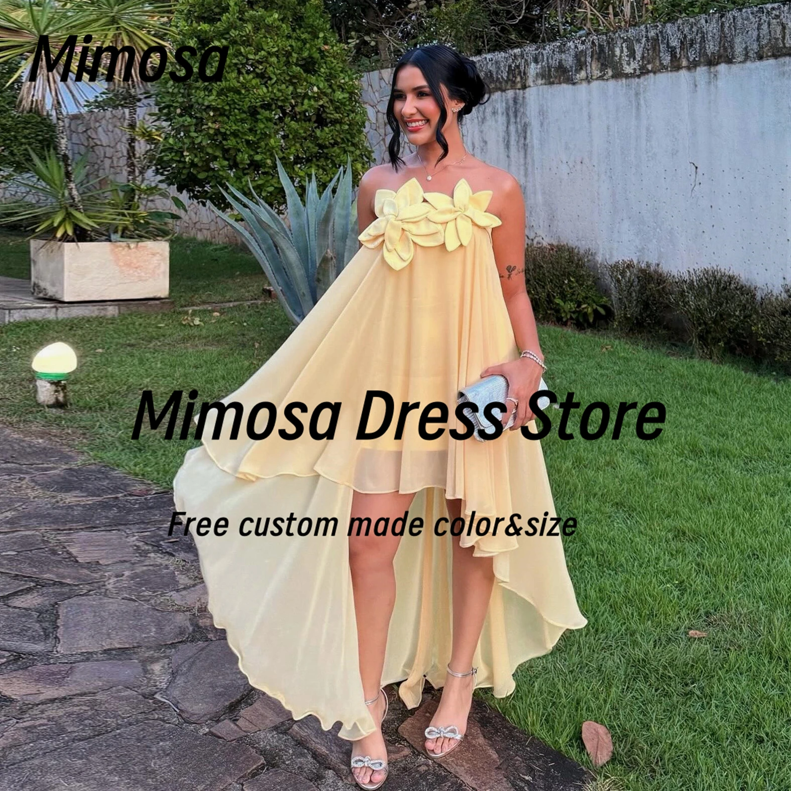 Mimosa High Low Prom Dresses Flowers Strapless Homecoming Party Gowns Sexy Back Chiffon Bridesmaid Dress for Weddings Customized
Mimosa High Low Prom Dresses Flowers Strapless Homecoming Party Gowns Sexy Back Chiffon Bridesmaid Dress for Weddings Customized