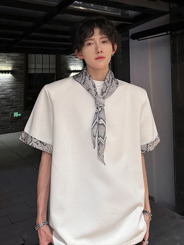 Shoulder Padded Short Sleeve Men's T-shirt Snake Skin Splicing Summer American High Street Silk Scarf Insert Five Points
Shoulder Padded Short Sleeve Men's T-shirt Snake Skin Splicing Summer American High Street Silk Scarf Insert Five Points