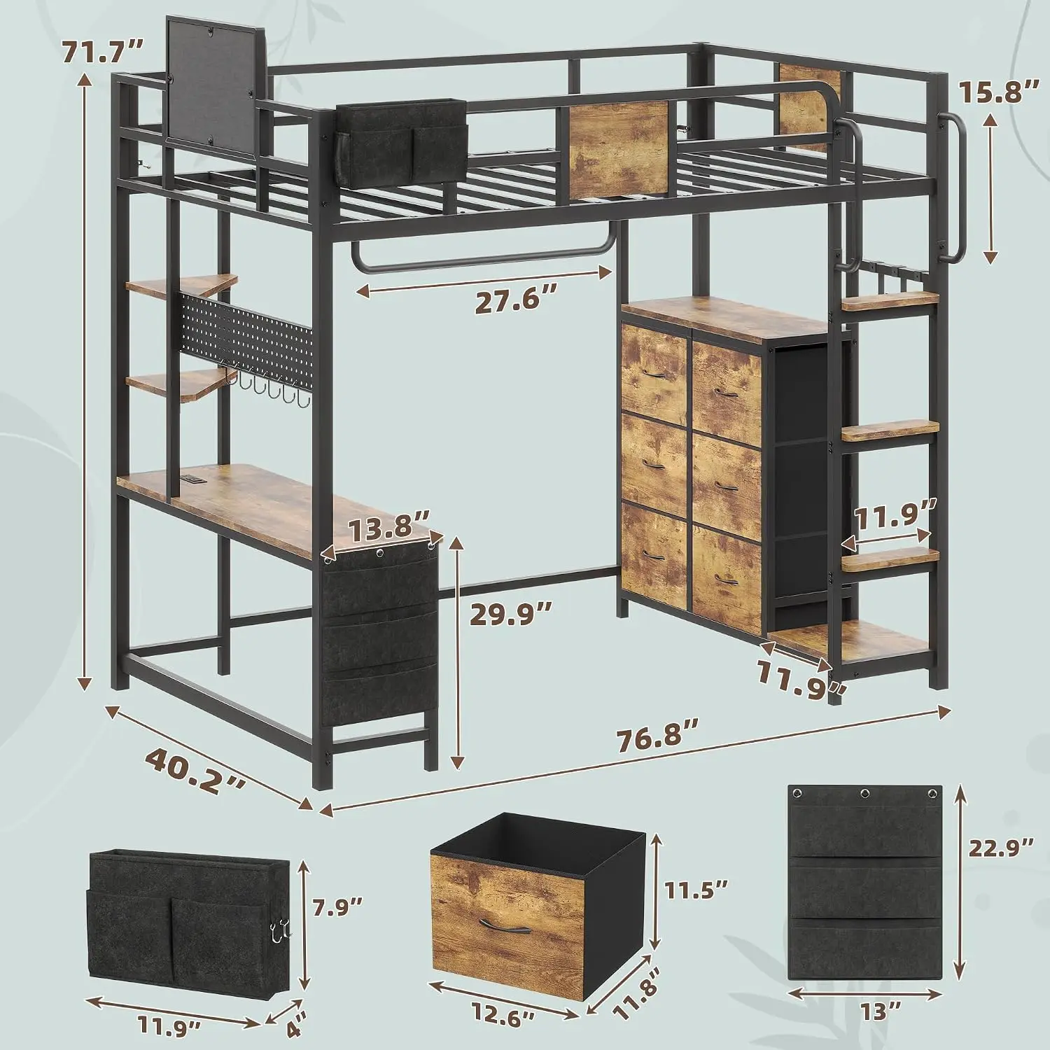 Twin Loft Bed with Desk, 6 Drawers, Organizers, Hooks & LED Lights, Customized
Twin Loft Bed with Desk, 6 Drawers, Organizers, Hooks & LED Lights, Customized