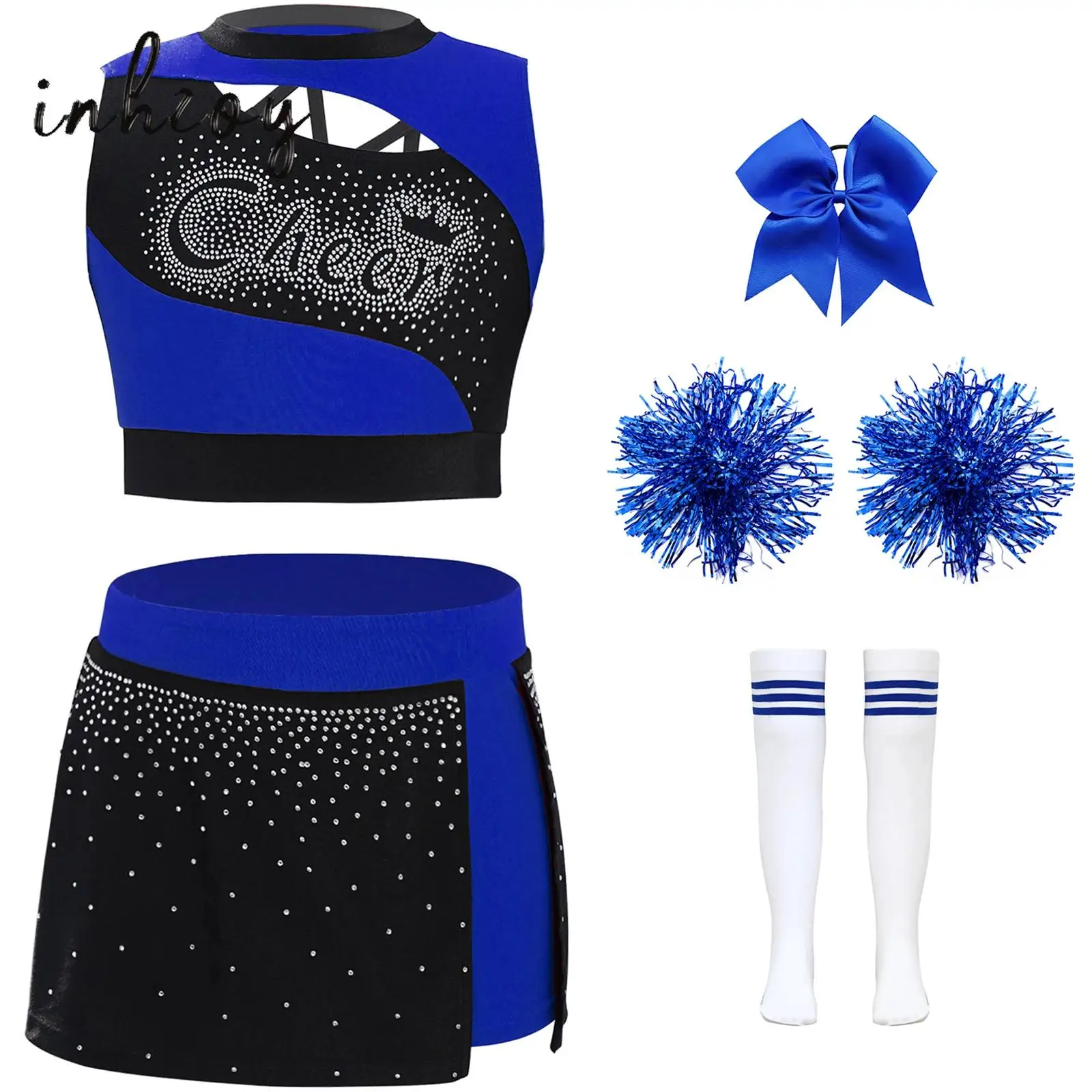 Girl's Cheerleading Dance Uniform Sparkling Rhinestones Sleeveless Cutout Crop Top+Side Slit Skirt+Headwear+Flower Balls+Socks
Girl's Cheerleading Dance Uniform Sparkling Rhinestones Sleeveless Cutout Crop Top+Side Slit Skirt+Headwear+Flower Balls+Socks