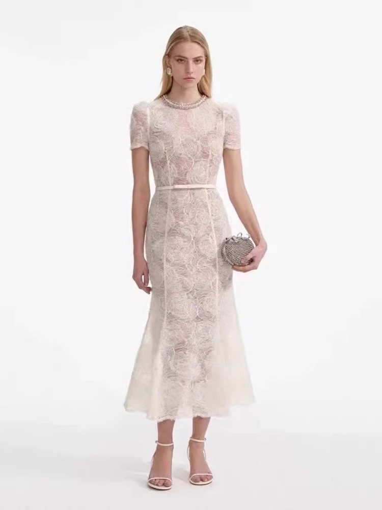 High Quality Slim Pearl Mesh Dresses Spring Women Short Sleeve O Neck Loose Dress Autumn High Waist Zipper Ankle Length Dress
High Quality Slim Pearl Mesh Dresses Spring Women Short Sleeve O Neck Loose Dress Autumn High Waist Zipper Ankle Length Dress