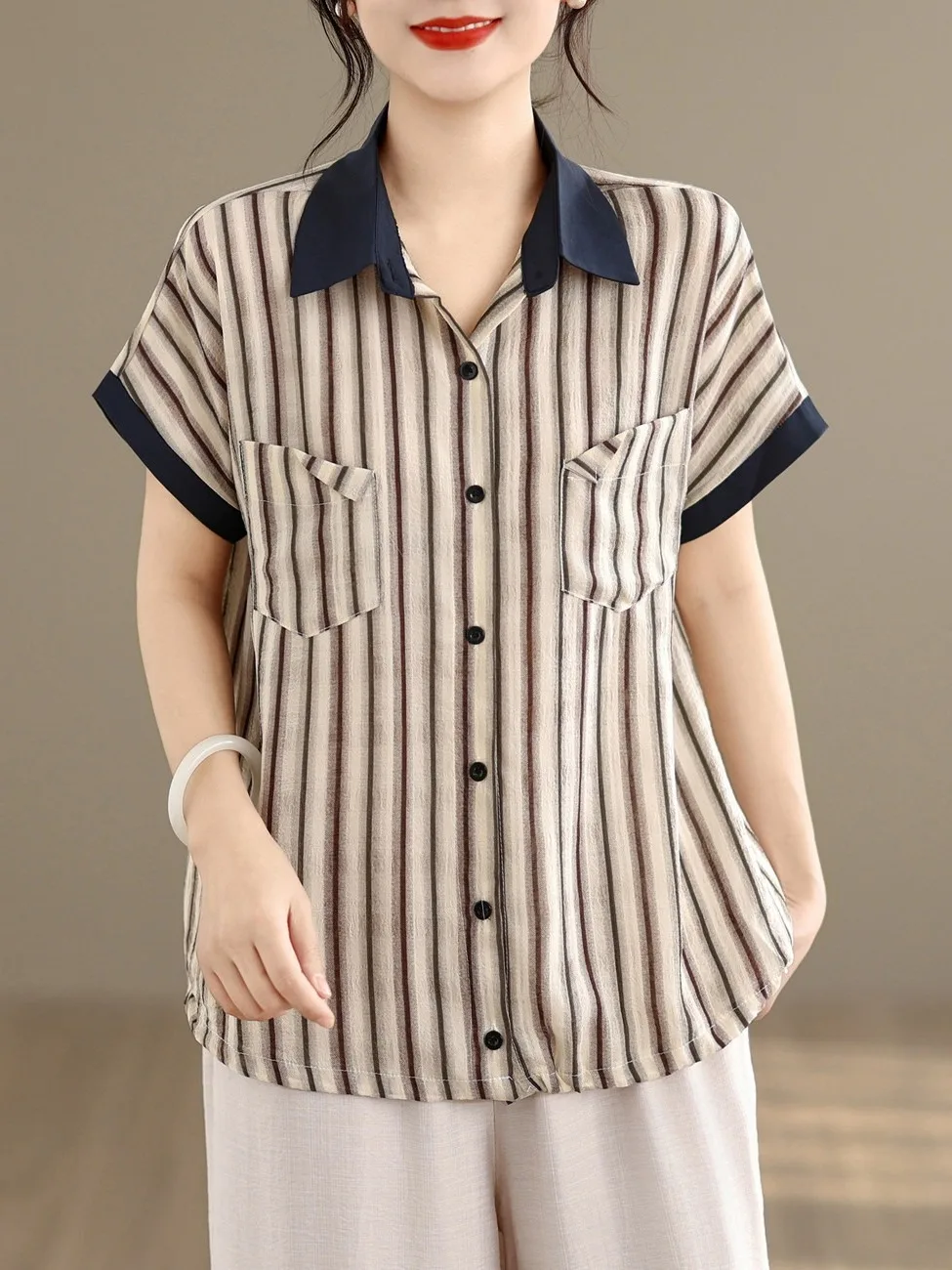 Summer Artistic Striped Loose Fit Short Sleeve Shirt with Double Pockets Color Block Collar Casual Open Cardigan for plus Siz...
Summer Artistic Striped Loose Fit Short Sleeve Shirt with Double Pockets Color Block Collar Casual Open Cardigan for plus Siz...
