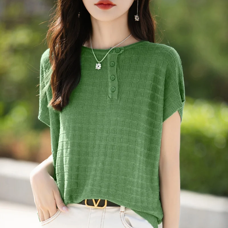100% Pure Cotton T-shirt Women's Summer New Round Neck Sweater Short Sleeved Casual Loose Knit Bottom Pullover Vest Fashion Top
100% Pure Cotton T-shirt Women's Summer New Round Neck Sweater Short Sleeved Casual Loose Knit Bottom Pullover Vest Fashion Top